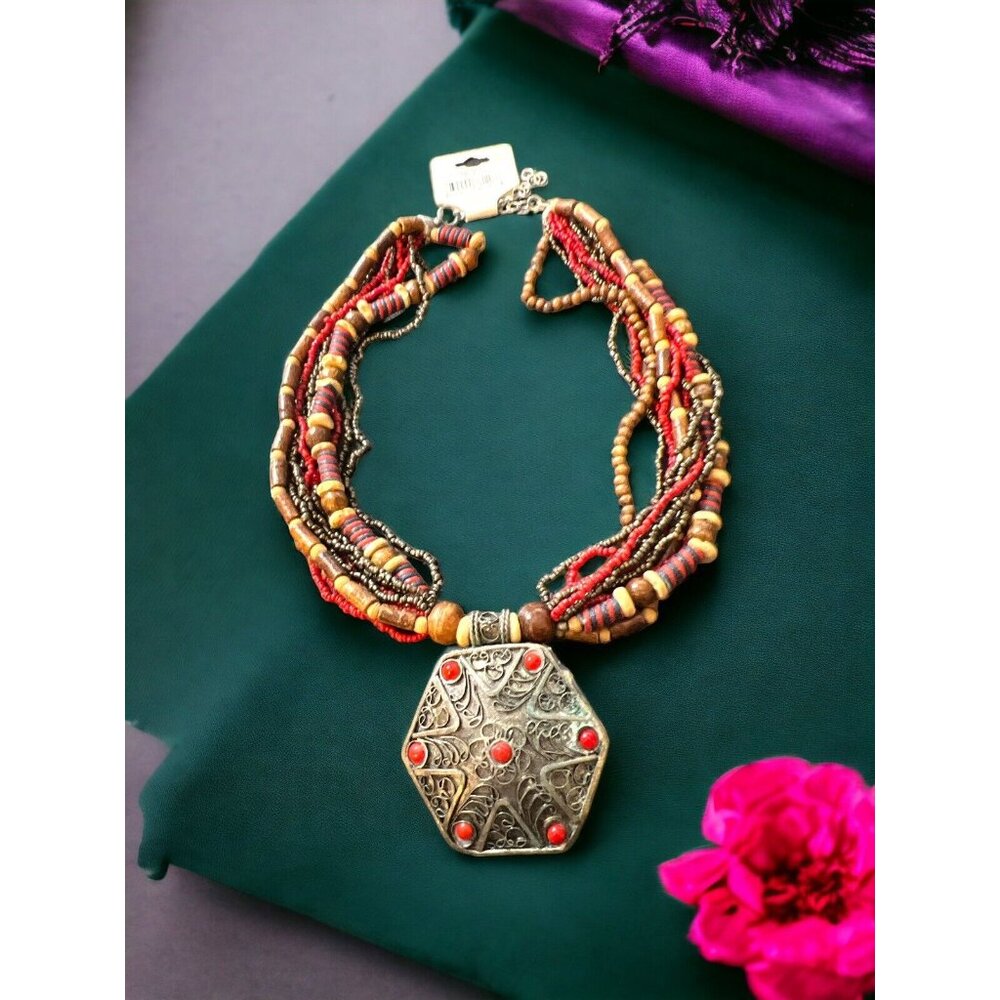 BOHO Golden Stella Brown & Red Multi Strand Beaded Necklace w Large Pendant